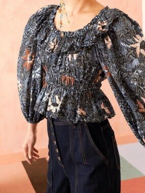 Ulla Johnson Navy Floral Smocked Peasant Blouse